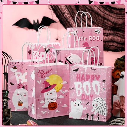 Zhanmai 24 Pcs Pink Ghost Halloween Party Favors Gifts Goodies Bags with Handles Halloween Paper Boo Bags for Candy Treat Snack Gifts Wrapping Birthday Party Supplies Decoration