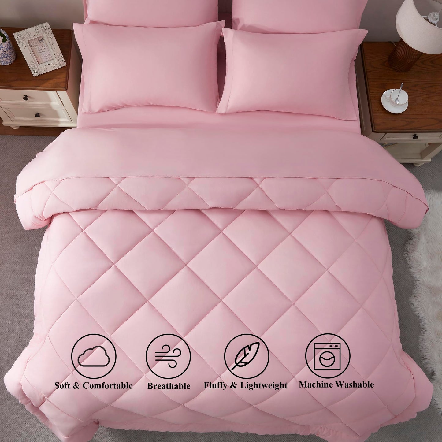 ELNIDO QUEEN® Queen Comforter Set - 7 Pieces Bed in a Bag Queen Size, Bed Set for All Seasons, Blush Pink Ultra Soft Bedding Sets with Comforter, Flat Sheet, Fitted Sheet, Pillowcases and Pillow Shams