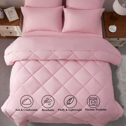 ELNIDO QUEEN® Queen Comforter Set - 7 Pieces Bed in a Bag Queen Size, Bed Set for All Seasons, Blush Pink Ultra Soft Bedding Sets with Comforter, Flat Sheet, Fitted Sheet, Pillowcases and Pillow Shams