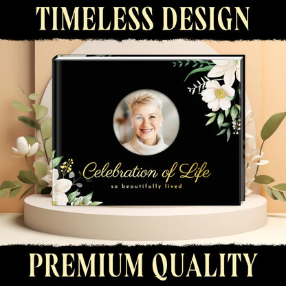 GUATE STORE Funeral Guest Book – Black Cover, 3-Piece Set with Guest Book, Table Sign, and Pen – Memory Book for Celebration of Life, Memorial Signing, Elegant Funeral Supplies, and Durable Design