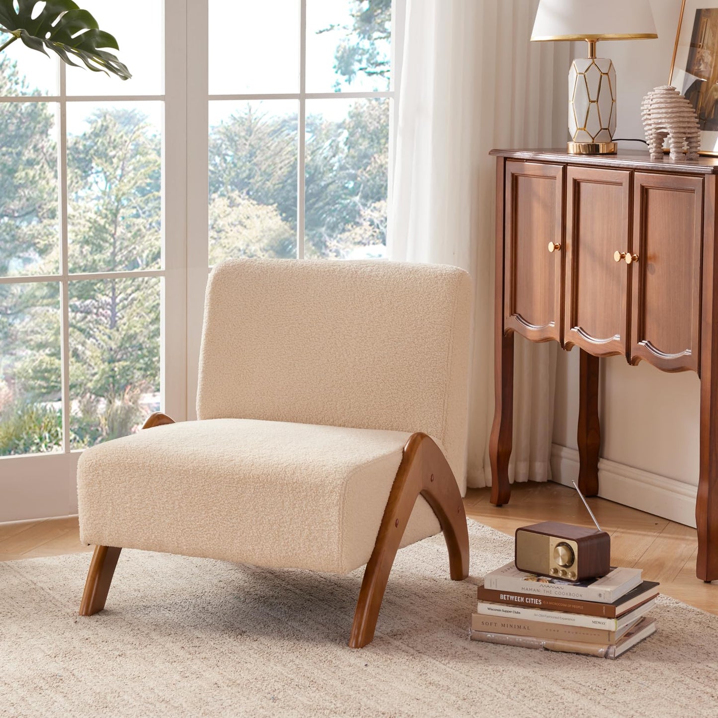 MILCIL Oversized Accent Chair, upholstered armless mid Century Modern Living Room Chair with Wooden Legs for Bedroom/Office/Cafe, Sherpa Beige