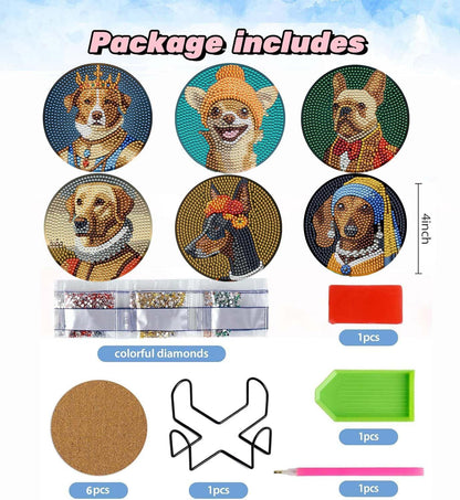 6 Pcs 5D DIY Dogs Diamond Paintings Coasters with Holder for Adults Beginners, Round Full Drill Diamond Art Craft Supplies(Dogs QLBD-09)