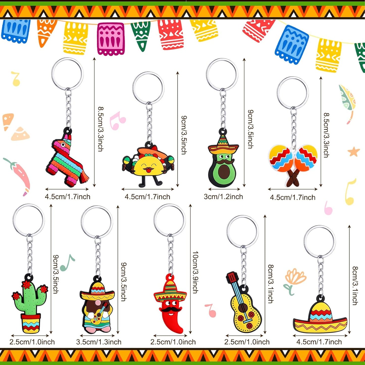 Jadive Mexican Keychain Fiesta Party Favors, Cactus and Sombrero Key Chains for Cinco De Mayo