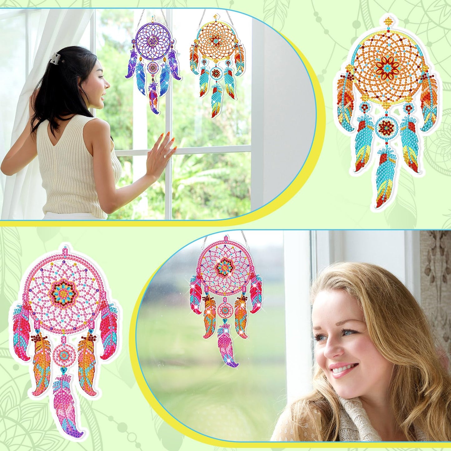 Honoson 6 Pcs Mandala Dream Catcher Diamond Painting Kits for Adults Suncatcher Diamond Art Hanging Kits Wind Chimes 5D Rhinestone Suncatcher Crystal Hanging Ornament for DIY Craft Window Home Decor