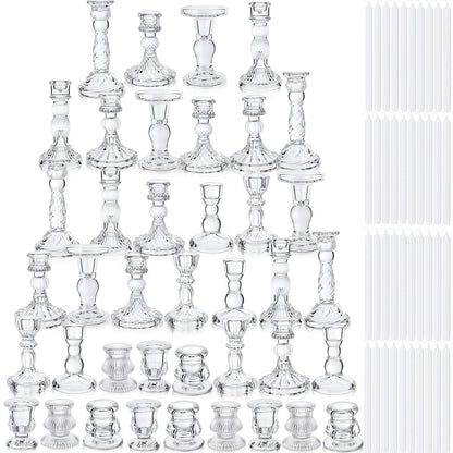 Mumufy 40 Sets Glass Crystal Taper Candle Holders Stand Centerpiece Bulk with 10 in Taper Candles Sticks Clear Decorations Table Wedding Dining Party (Transparent)