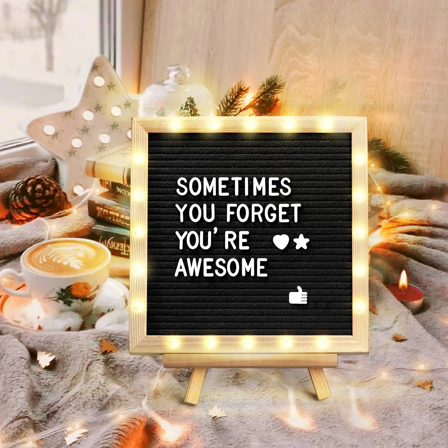 Black Felt Letter Board with Lights (10*10), 340 Letters Built-in LED Lights -Message Board Adjustable Stand, for Menus, Pregnancy Announcement, Baby Announcement Signs, Weddings, and Party Planning