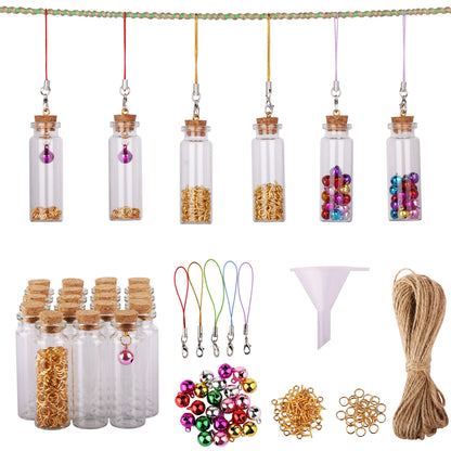 MaxMau Mini Glass Bottles with Cork Stoppers 15ml Mini Jars Wishing Bottles 25pcs with Connection Accessories Twine Bell Decoration