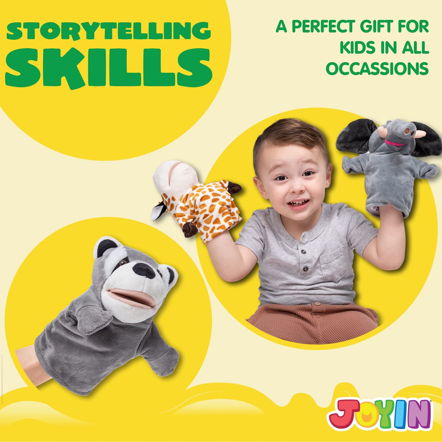 JOYIN 6Pcs Kids Hand Puppet Set with Working Mouth, Toddler Animal Plush Toy Includes Elephant, Giraffe, Lion, Bear, Raccoon and Monkey for Show Theater, Christmas Birthday Gifts for Kid Age 3+