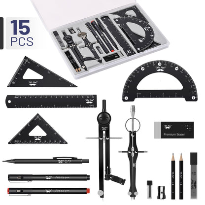 Mr. Pen- Professional Geometry Set, 15 pcs, Drafting Tools with Protractor, Compass, Metal Ruler, Triangles, Pens & Pencils, Complete Geometry & Drafting Kit for Architects, Engineers & Students
