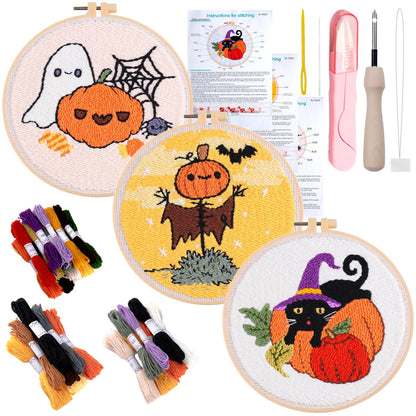Peotclola Punch Needle Kit for Adults,3 Sets Punch Needle Kits Beginner DIY Embroidery Starter Set with Tools for Home Decoration, Family, Friends Gifts(Thanksgiving,Pumpkin)