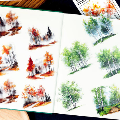 120 Pieces Botanical Tree-Themed PET Sticker, Pine Tree Forest Scenery Aesthetic Stickers for Scrapbooking, Journaling, Creative Journal Supplies and DIY Crafts