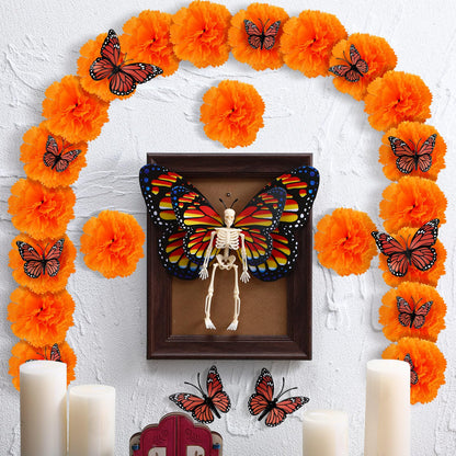 Simgoing 55 Pcs Day of The Dead Altar Decor Kit Dia De Los Muertos Ofrendas Wall Decorations 40 Marigold Flowers, 13 Monarch Butterfly, Skeleton, Photo Frame Indian Diwali Altar Remembrance Supplies