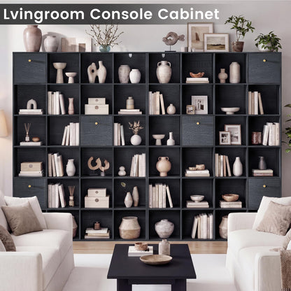 Modern Cube Storage Organizer, 24 Open Shelves Bookcase with 3 Storage Bins, Black Book Case with Wood Grain, Freestanding Shelf for Bedroom, Living Room, Home Office, Library, Wooden Large Book Shelf