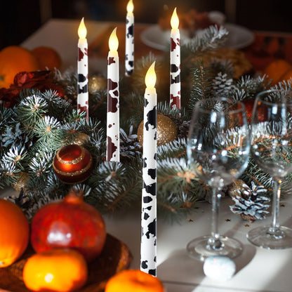 Kittmip 6 Pcs Christmas Cowhide Printed Flameless Taper Candles 11 Inch Battery Operated LED Western Country Rustic Candles Farmhouse Table Centerpiece for Xmas Holiday Party Decor Gifts