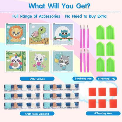 DIYGEMDOT 6 Pack Diamond Art Kits for Kids, Cute Animals Diamond Painting for Beginners, DIY 5D Gem Art for Girls & Boys Ages 6-8-10-12, Children's Christmas Gifts (6x6 inches)