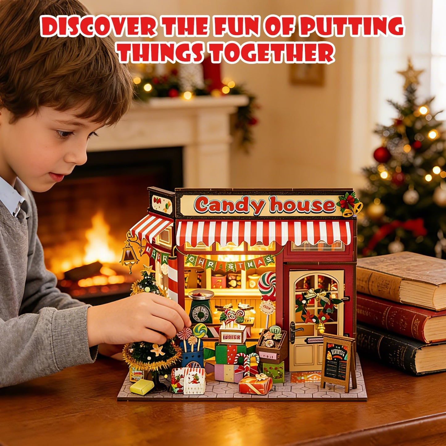 Book Nook Kit, 3D Wooden Puzzles Christmas Candy Shop Miniature House Dollhouse Booknook Mini House Making Kit Bookshelf Decorations Gifts for Family, Friends