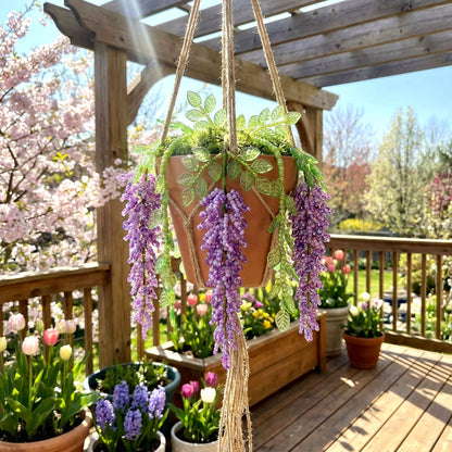 Potchen 13155 Pcs Wisteria Craft Beaded and 5 Inch Clay Pot Planter DIY Set, Glass Beads Plant Flower Making Kit with Artificial Moss Hanging Rope Purple Nature Series Colorful Crystal Leaf Jewelry
