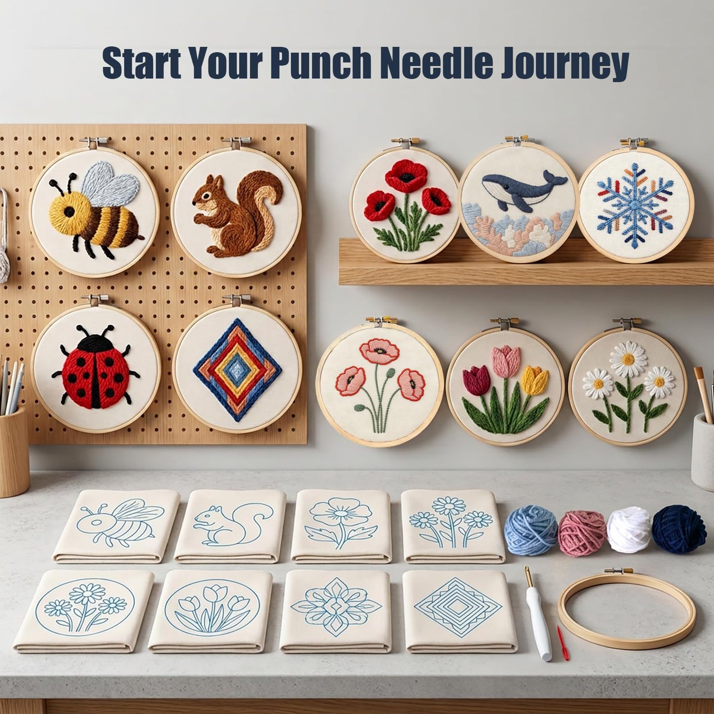 AohaiNova Punch Needle Kits for Adults Beginner,Punch Needle Starter Kit Easy,Embroidery Punch Needling Kits,DIY Punchneedle Kit All Supplies with Wooden Hoop/Patterns/Yarns/Instruction(02-Bee)