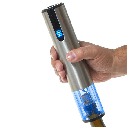Wine Enthusiast 2-in-1 Electric Blue Automatic Wine Bottle Opener and Preserver Set – Fully Electric Corkscrew with Charging Station – Seal Bottle with Vacuum Stopper (7 Piece Set)