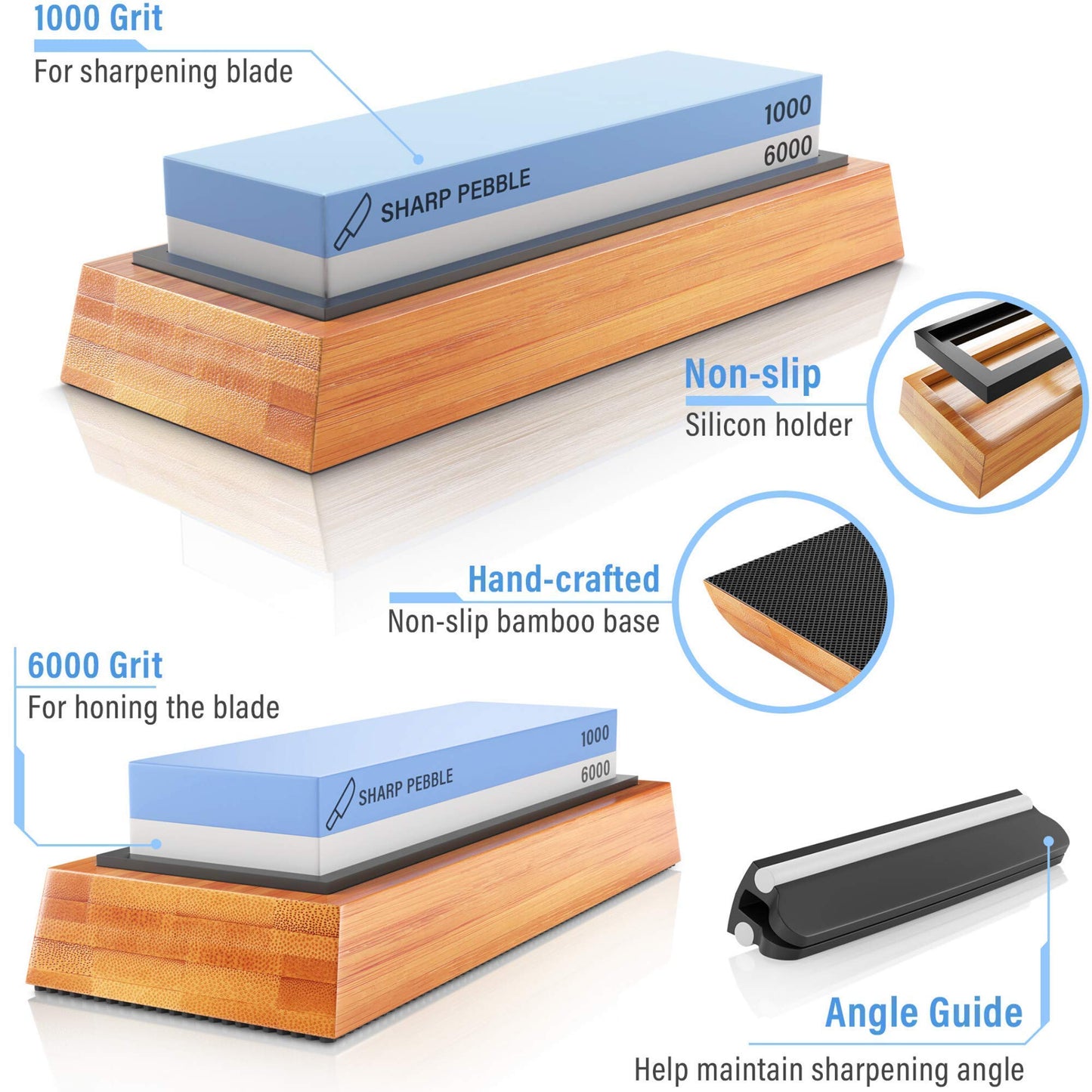 Sharp Pebble Knife Sharpening Stones Kit with 1000/6000 and 3000/8000 Grit with Flattening Stone & Angle Guide