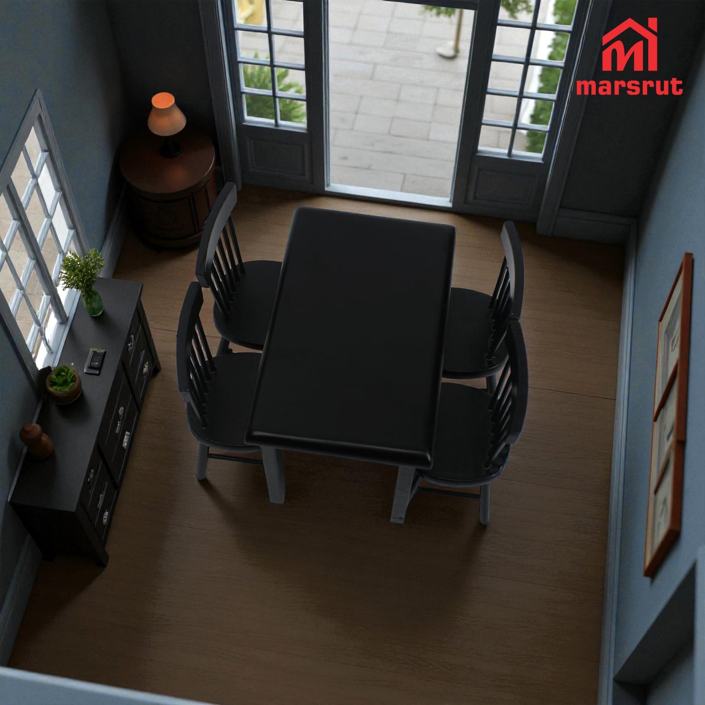 Miniature Dining Table and Chairs Set 5pcs – 1:12 Scale Dollhouse Room Furniture Kitchen Mini Wooden Chair Accessories, Model Accessory Decoration for Doll House DIY Hobby, Black