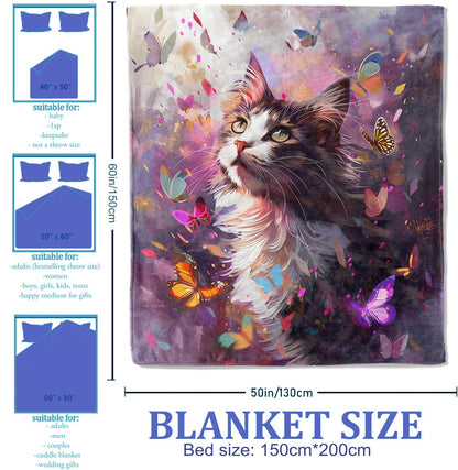 Plistiz Cat and Butterfly Throw Blanket, 50x60, Cute Cat Blankets for Bedroom Decor, Plush Flannel Polyester, Perfect for Kids and Adults
