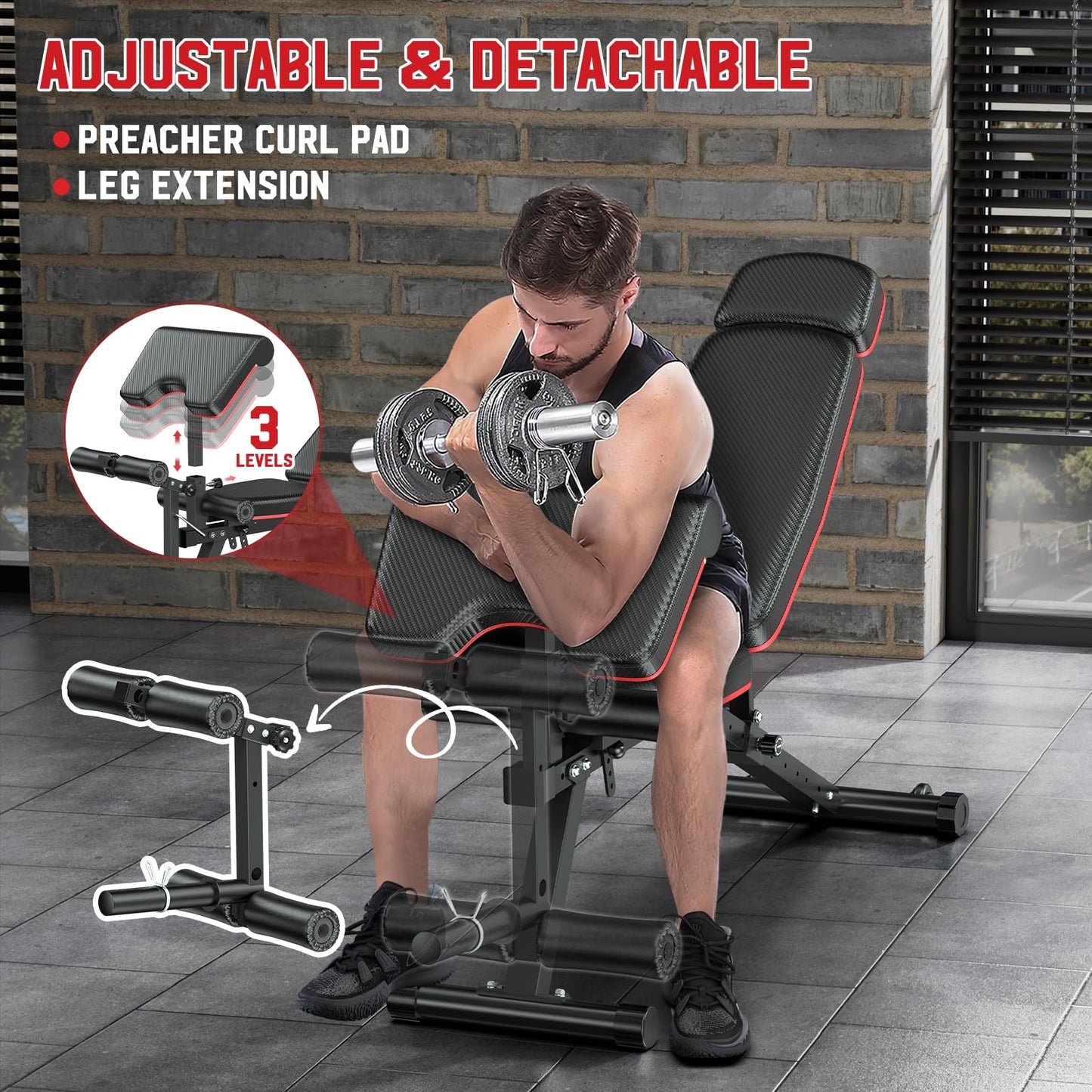 XDDIAS Workout Bench, Adjustable Weight Bench with Leg Extension and Leg Curl, Extended Headrest, 900LBS Preacher Curl Bench Incline Decline Flat Workout Bench for Home Gym Full Body Exercise