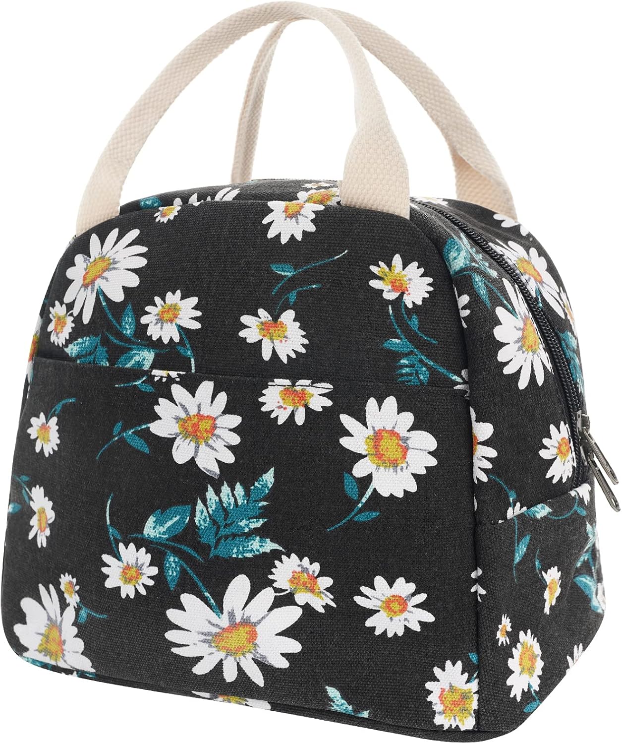 EurCross Women's Lunch Bags for Work, Chic Floral Daisy Pattern Canvas Insulated Black Lunch Tote Bag Carrier