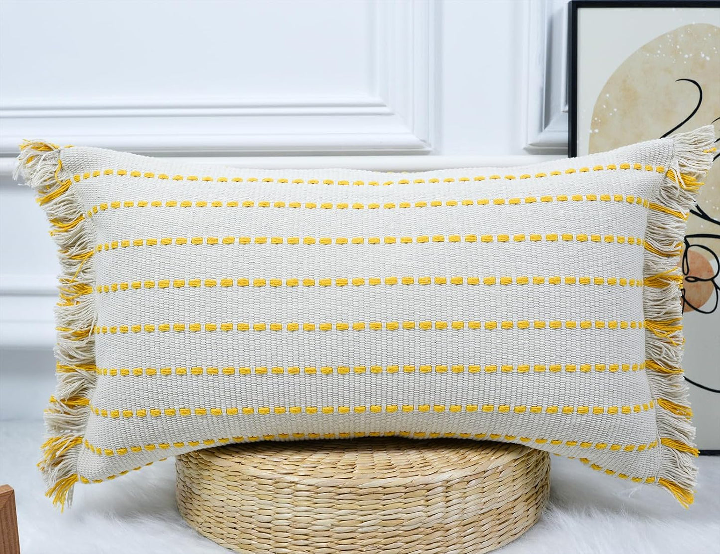16 26,Clasic Decorative Farmhouse Fringed Long Lumbar Throw Pillow Cover x Striped Textured Cotton Boho Decor Long