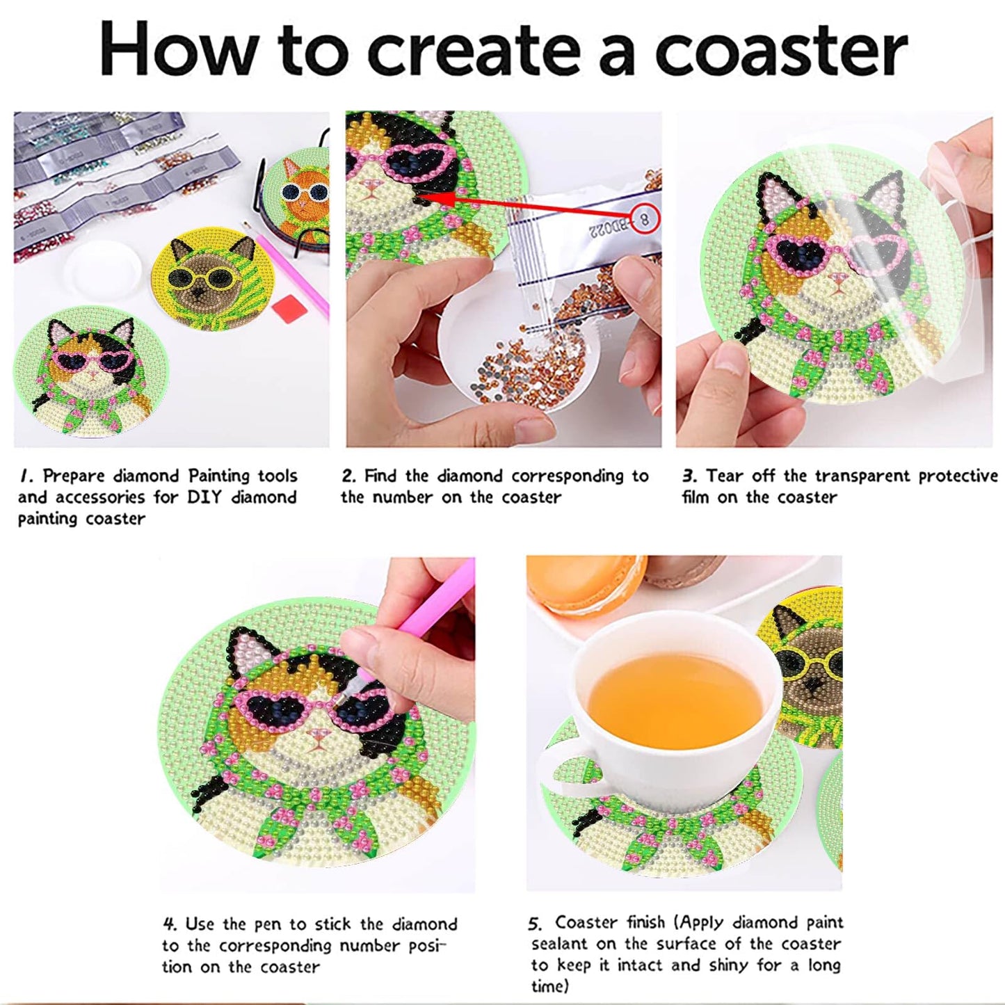 Yijingtop 8 Pcs Retro Cat Diamond Painting Coasters Kits with Holder,Funny Cat Diamond Art Coasters with Wooden Cork,DIY Round Drill Small Diamond Art for Adults for Home Wall Decor