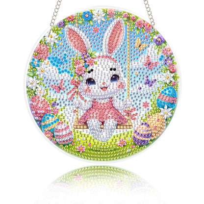 Eiflow Glass Diamond Art Kit Hanging Ornament, DIY Stained Glass Diamonds Painting Hanging Board Kit, Crystal Diamond Art Painting Easter Pendant Full Drill (Swing Bunny)