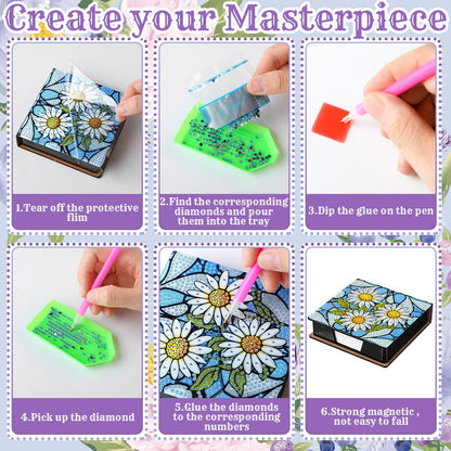 Saillong 4 Pcs Flower Theme Diamond Art Note Box Kit Sunflower Daisy Diamond Painting Memo Box Hydrangea Paper Holders with 160 Sticky Notes for DIY Office Supplies Gifts