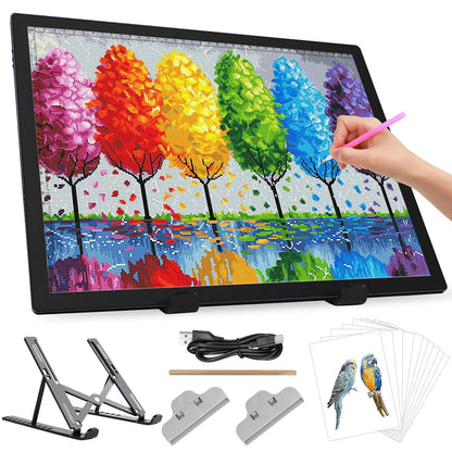 Zocelight A3 Rechargeable Light Box with Stand/Clips,led Light pad with 3000mAh Battery,3 Colors dimmable and 6 Level dimming Light Table for Diamond Painting,Drawing,Sketching,Tattoo,Vinyl Weeding
