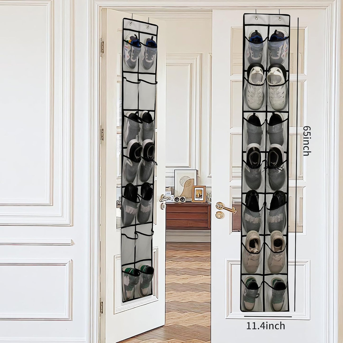 Over The Door Shoe Organizer, 14 Large Mesh Pockets Hanging Shoe Rack for Closet, Gray, 2-Pack