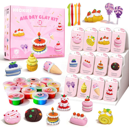 Air Dry Clay Kit for Kids 3-12 - 12 Boxes (48 Total Blocks) Non-Toxic Magic Molding Clay | Dessert-Themed DIY Set - No Baking, Mess-Free - Ideal for Family Time/Birthday Parties & Fine Motor Skills