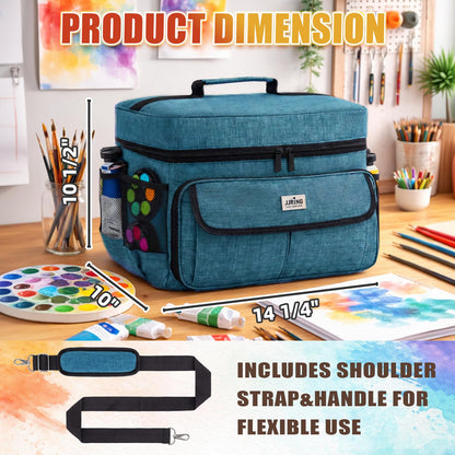 JJRING Versatile Acrylic Paint Organizer Bag With Adjustable Dividers For Multi-Size Bottles, Art Supply Storage Case Features 12-Slot Brush Holder & Clear Zipper Pocket, Travel Craft Tote(Green)