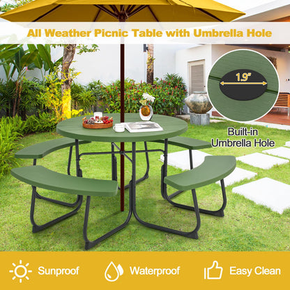 Tangkula 8 Person Picnic Table, Outdoor Round Picnic Table with 4 Built-in Benches, Umbrella Hole, Metal Frame & HDPE Tabletop, Outside Table and Bench Set for Backyard, 2300lbs Weight Capacity