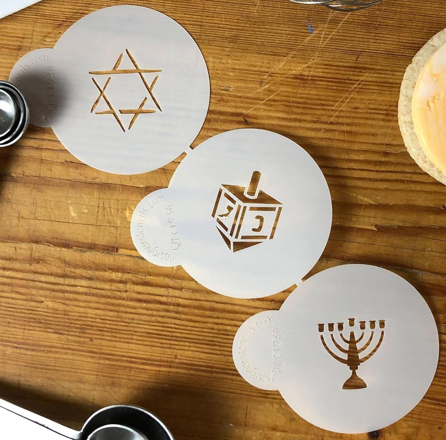 Designer Stencils Jewish Symbols Cookie and Cupcake Stencils, Small, Dreidel, Star of David, Menorah, Beige
