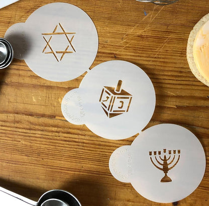 Designer Stencils Jewish Symbols Cookie and Cupcake Stencils, Small, Dreidel, Star of David, Menorah, Beige