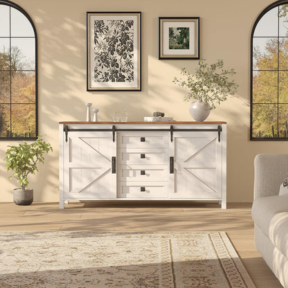 Garvee Farmhouse Sideboard Buffet Cabinet with Sliding Barn Doors & 4 Drawers, 60" Rustic Wood Kitchen Coffee Bar Storage Cabinet for Dining Room Living Room, TV Stand & Console Table