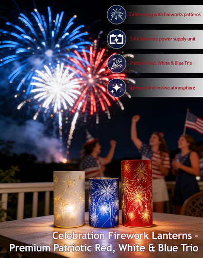 Set of 3 Celebration Fireworks Glass Hurricanes, New Etched Firework Starburst Glass Hurricane Lamp with LED Lights, 250 Anniversary America Centerpieces for Mantel, Dining Table (Warm Light-A)