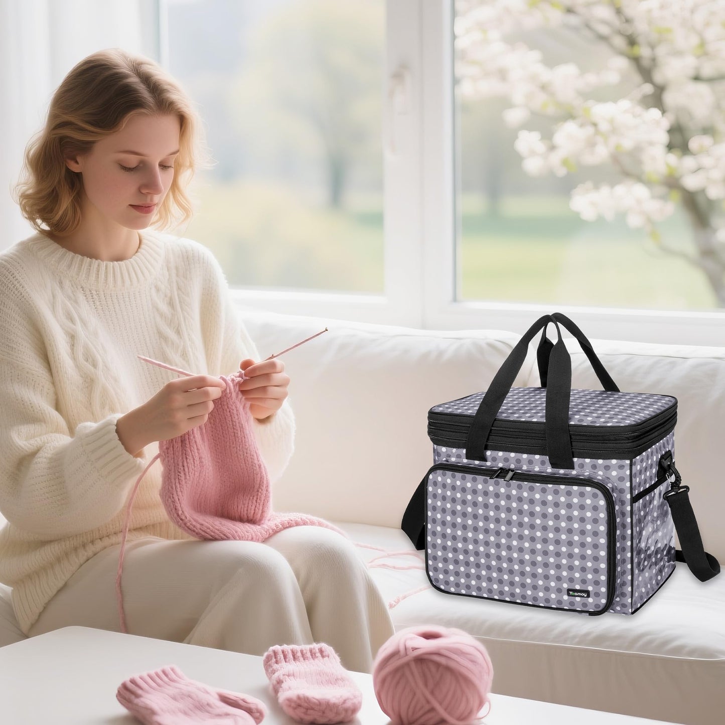 Teamoy Knitting Bag with Divider and Cover, Portable Yarn Storage Organizer for Crochet Accessories and Knitting Needles,Ideal for Knitting Enthusiasts, Gray Dots