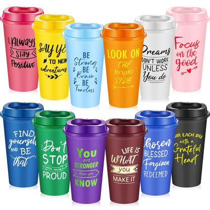 FillTouch 72 Pcs Inspirational Cups Bulk Employee Appreciation Gifts, 16 oz Reusable Plastic Coffee Cups for Coworkers, Staff, Teammates, Office Prizes for Women and Men (Bright Color,Inspirational)