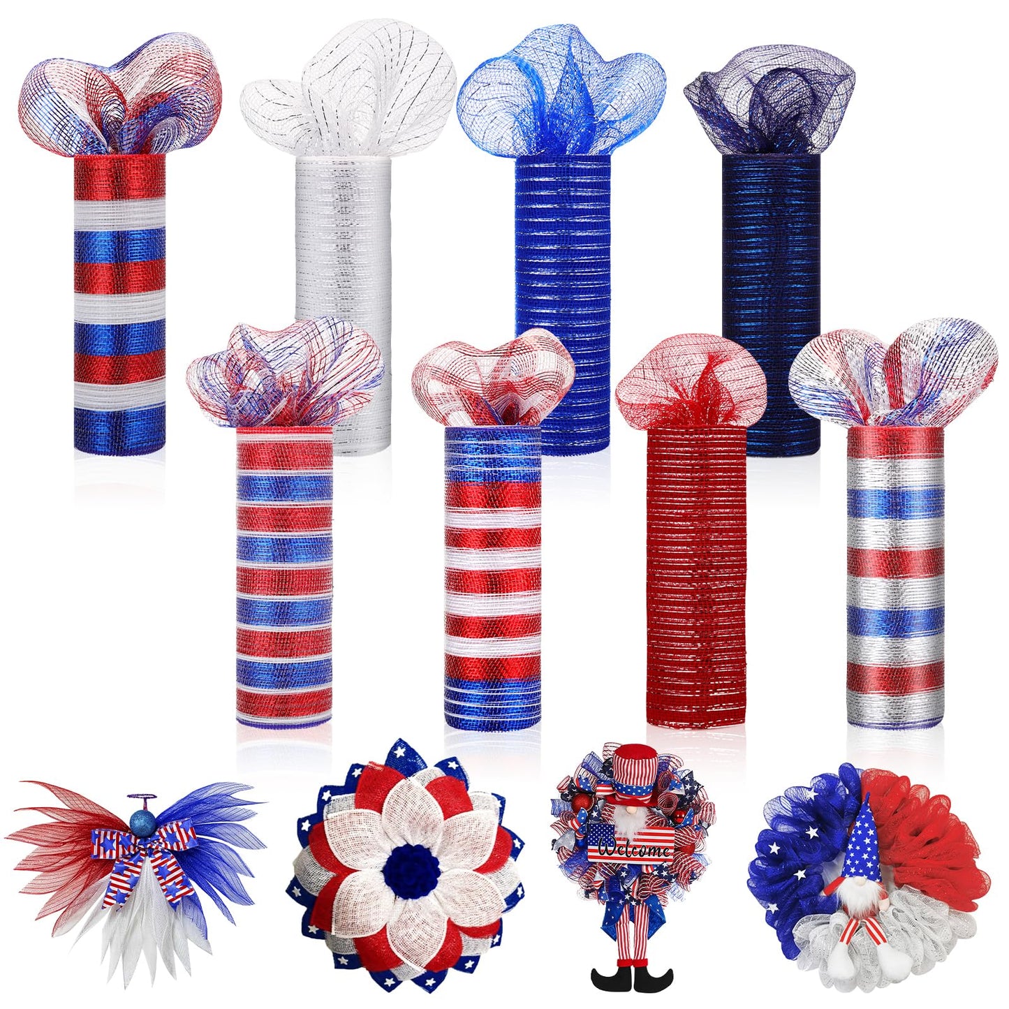 Newwiee 8 Rolls Patriotic Mesh Ribbon for Wreaths 10 Inch x 30 Feet Each Roll Veteran Decor Red White Blue Mesh Ribbon Metallic Foil 4th of July Decoration DIY Crafts Making Supplies
