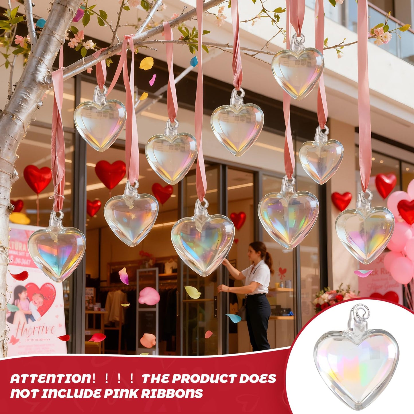 Bokon 12 Pcs Valentine Glass Heart Ornaments Valentine Tree Decoration 3.15 Inch Hand Blown Glass Hearts for Tree Clear Iridescent Crystal Ornaments Transparent Hanging Pendant for Wedding Party