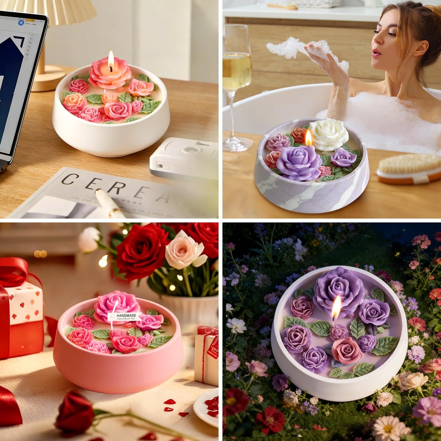 ZQYSING Rose Candle Molds, 5Pcs Rose Silicone Molds for Candle Making, Roses Flower Leaf Mold and Round Candle Vessel Mold Set for Scented Candles, Handmade Soap, Epoxy Resin Casting, Mom Gifts
