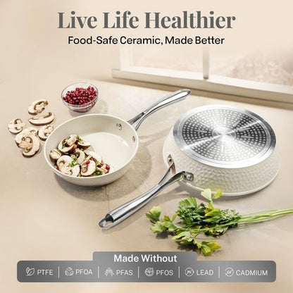 GOTHAM STEEL Hammered 10 Inch Non Stick Frying Pans with Lid, Frying Pans Nonstick with Lid, Non Toxic PFOA PFOS Free, Skillet Pan for Cooking, Induction Oven and Dishwasher Safe – Cream