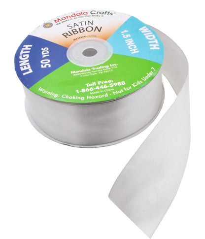 Mandala Crafts Silver Satin Ribbon for Crafts - 50 Yards 1 1/2 Inch Wide Fabric Ribbons for Gift Wrapping, Flower Bouquets, and Wedding Party Décor