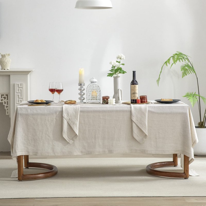 EVERLY Pure Linen Hemstitch Tablecloth,100% Stonewashed French Linen tablecloths for Kitchen Dining Rectangle Tables,60x84Inch Machine Washable Christmas Thanksgiving Organic Tablecloth-Natural Linen