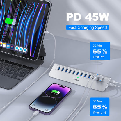 Powered USB Hub 10Gbps, intpw 9-Port USB 3.2 Hub, USB C Hub with USB A/USB C 3.2, 4 USB 3.0, 2 PD 45W Charging Ports, 65W Power Adapter and 3.3FT Cable, Aluminum USB Hub for Laptop, iPhone 16/15, PC